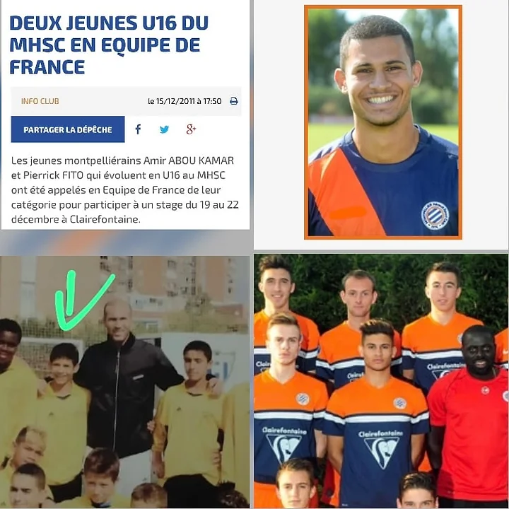 Un article du MHSC de 2011 sur sa sélection en équipe de France U16, son portrait en maillot de Montpellier, une photo avec Zinédine Zidane et une photo d’équipe